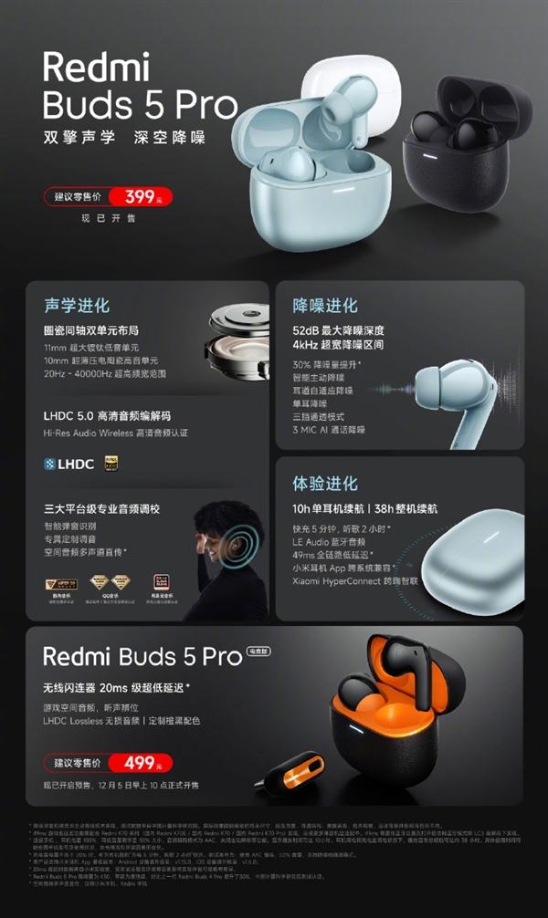 Redmi Buds 5 Pro发布 52dB超强降噪售价399元起，权威硬件评测网站,www.dnpcw.com