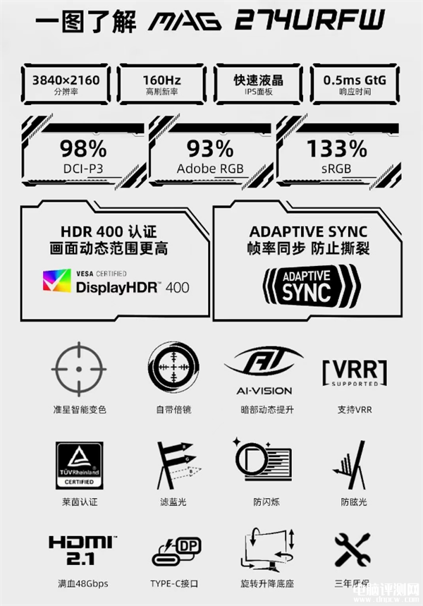 微星发布4K纯白显示器MAG 274URFW 三年质保售价2499元，权威硬件评测网站,www.dnpcw.com