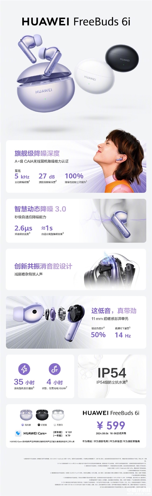 华为Freebuds 6i无线耳机上市销售 降噪深度达27dB售价599元，权威硬件评测网站,www.dnpcw.com